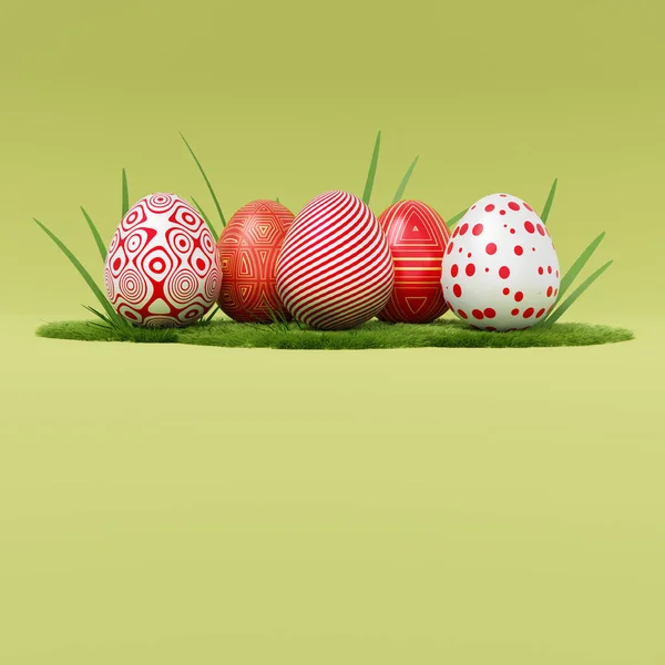 三维图5个复活节彩蛋 绿色背景 复制空间分隔 草上有装饰品 — 图库照片
