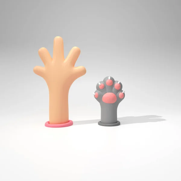 3d illustration of human hand and animal paw one near other, copy-space, isolated on white background, front view