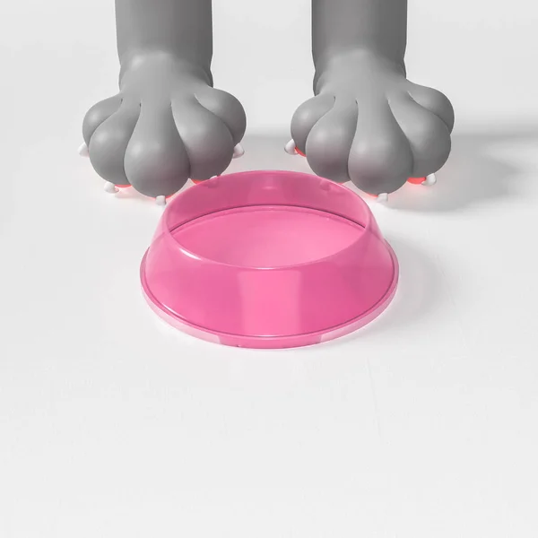 3d illustration of gray animal's paws near the empty glass food bowl, copy-space, isolated on white floor front view