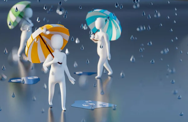 水溜りの中に傘を差して雨の中を歩く男たちの3Dイラスト コピースペース — ストック写真