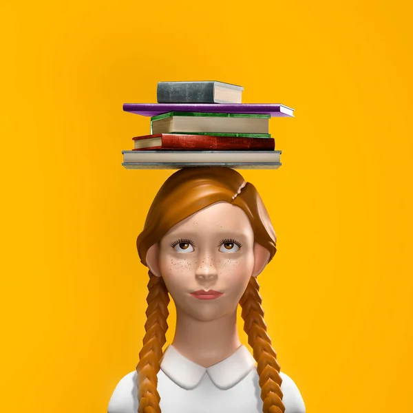 3Dイラストの赤い髪の女子高生の頭の上に本 検索アップ 黄色の背景に隔離された コピースペース — ストック写真
