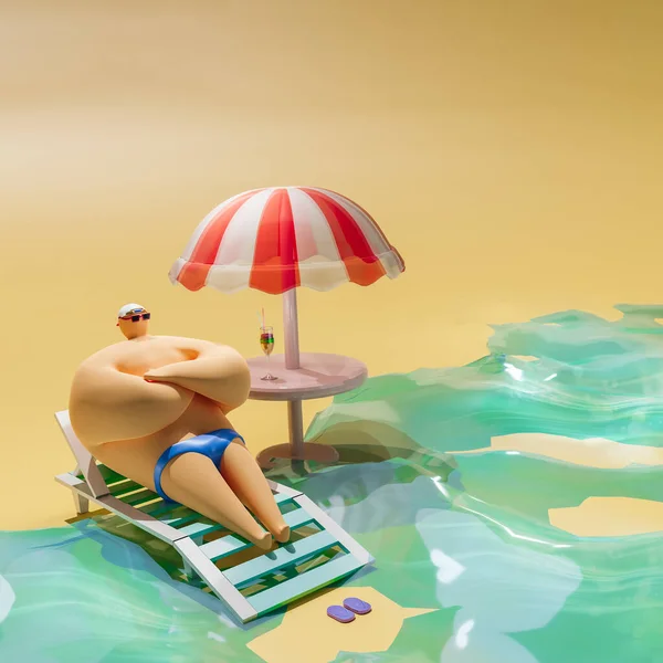 Ilustracja Męskiego Charakteru Siedzącego Leżaku Plaży Pobliżu Morza Ubrany Kąpielówki Zdjęcia Stockowe bez tantiem