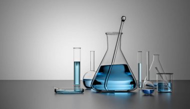 Farklı laboratuvar mataralarının ve mavi sıvı ölçümlerinin üç boyutlu çizimi, ayna masasında cam kaplar, kopya-uzay, yatay görüş, arka ışıklandırma