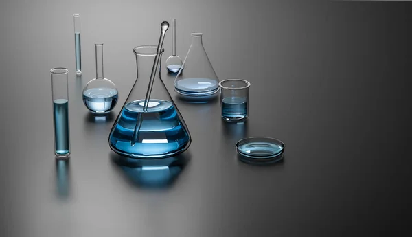 蓝色液体 镜面玻璃容器 复制空间 水平视图 背光等不同实验室瓶和测量的三维图解 — 图库照片