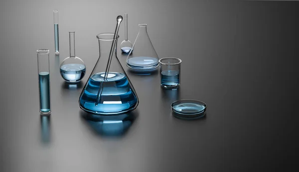 異なる実験室のフラスコの3Dイラストとミラーテーブル上の青い液体 ガラス容器 コピースペース 水平ビュー バックライト付きの光で測定 ストックフォト