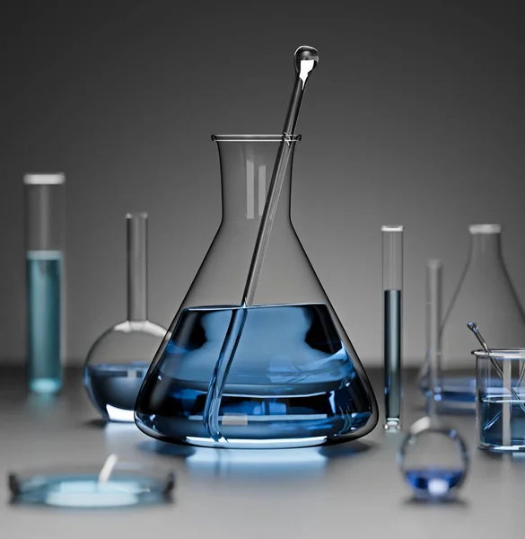 Illustrazione Diversi Palloni Laboratorio Misure Con Liquido Blu Contenitori Vetro — Foto Stock