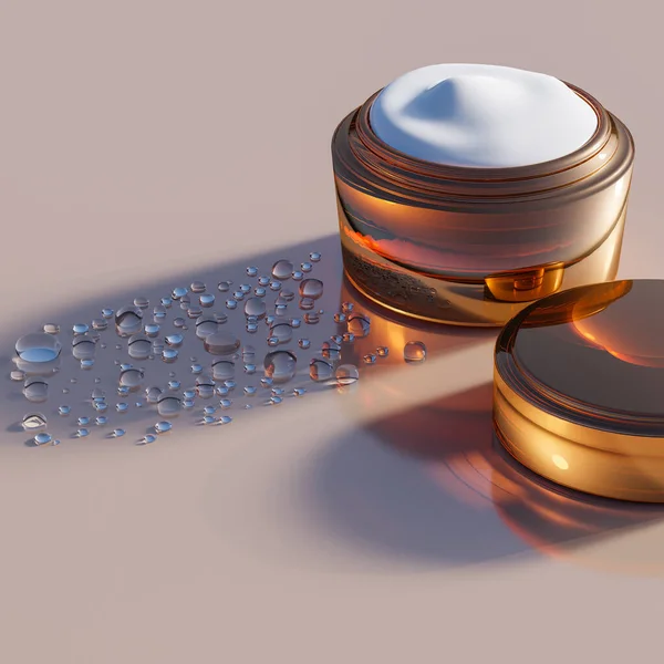 Illustratie Van Container Mockup Met Cosmetica Crème Reflecterende Achtergrond Condensaatdruppels Rechtenvrije Stockafbeeldingen