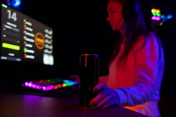 Young Girl Gamer Sits Computer Drinks Energy Drink Woman Plays —  Fotos de Stock