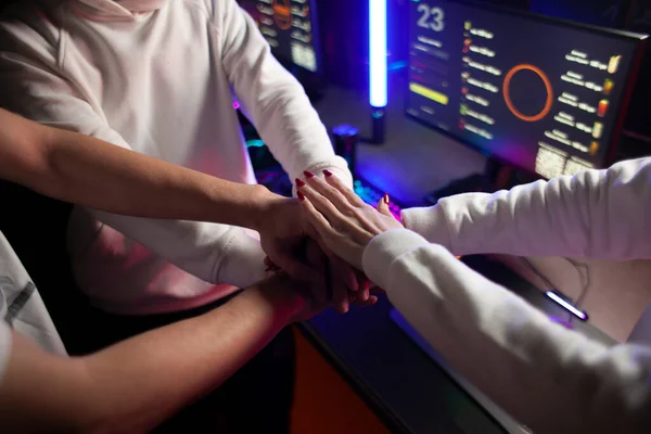 Team Gamers Hold Hands Together Game Computer Club Teamplay Sign — Foto de Stock