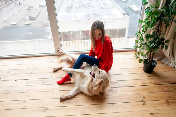 Молодая Девушка Играет Собакой Породы Золотистый Ретривер Дома Полу Женщина — стоковое фото