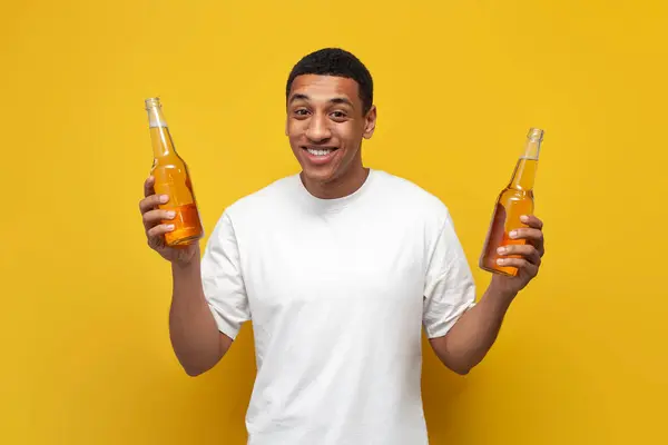 Young African American Guy White Shirt Holds Two Bottles Beer — Stock Photo, Image