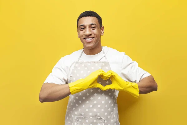 Guy African American Cleaner Apron Gloves Shows Heart His Hands — Stock Photo, Image