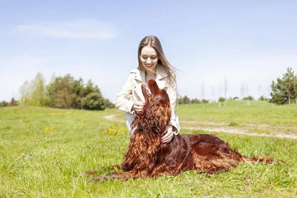 Junges Mädchen Streichelt Braune Hunderasse Irischen Setter Freien Park Frau — Stockfoto