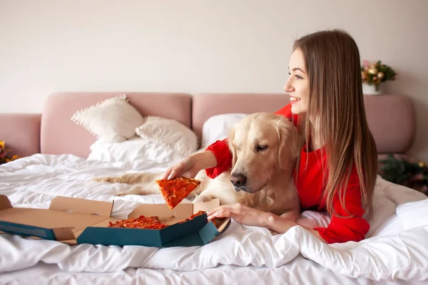 Young Girl Lies Bed Golden Retriever Dog Eats Pizza Woman — 스톡 사진