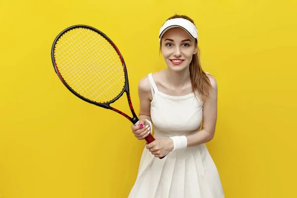 Girl Tennis Player Sportswear Holding Tennis Racket Yellow Isolated Background — Stock Photo, Image