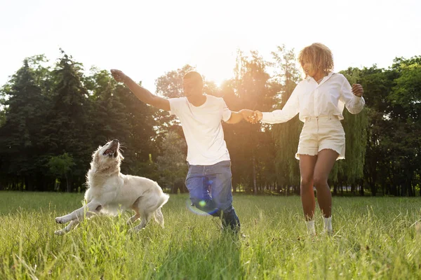 Afrikanisch Amerikanisches Glückliches Paar Spaziert Und Läuft Zusammen Mit Hund — Stockfoto