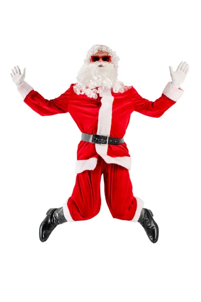 Santa Claus Traje Rojo Con Barba Gafas Salta Regocija Bienvenida —  Fotos de Stock