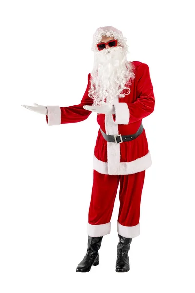 Santa Claus Traje Rojo Con Barba Gafas Muestra Sus Manos —  Fotos de Stock
