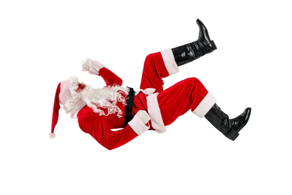 Santa Claus Traje Rojo Con Barba Gafas Cae Vuela Aire —  Fotos de Stock