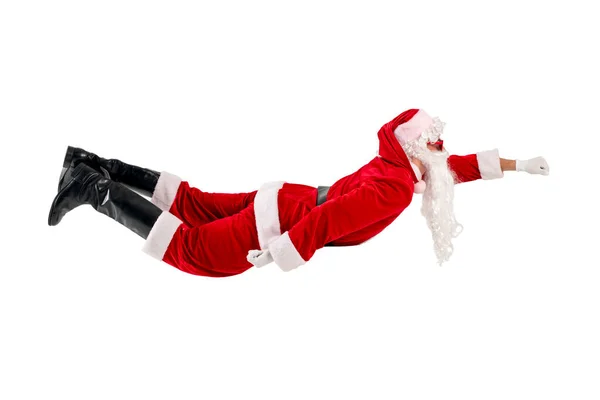 Santa Claus Traje Rojo Con Barba Gafas Levita Vuela Aire —  Fotos de Stock
