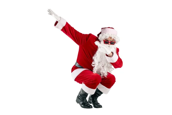 Santa Claus Traje Rojo Con Barba Gafas Baila Hace Gesto —  Fotos de Stock