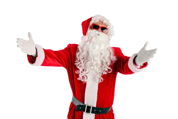 Santa Claus Traje Rojo Con Barba Gafas Saluda Muestra Gesto —  Fotos de Stock