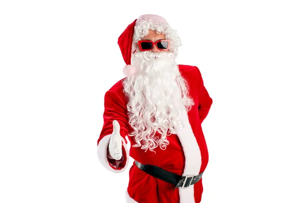 Santa Claus Costume Rouge Avec Barbe Lunettes Montre Poignées Main — Photo