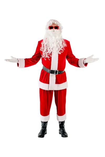 Santa Claus Red Suit Beard Glasses Greets Shows Welcome Gesture — Stock Photo, Image
