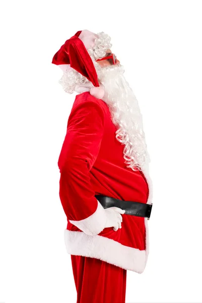 Babbo Natale Abito Rosso Con Barba Occhiali Erge Lateralmente Sfondo — Foto Stock