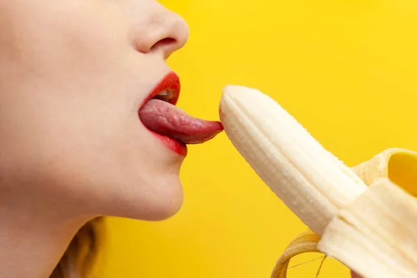 Sexy Intimate Blowjob Concept Woman Licks Takes Banana Her Mouth — Stock Photo, Image