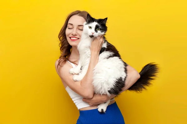 Sarı arka planda siyah beyaz kedi tutan ve gülümseyen, renkli arka planda evcil hayvan pozu veren, hayvanlara ilgi ve sevgi besleyen genç tatlı bir kız.