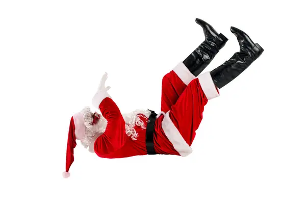 Santa Claus Red Suit Beard Glasses Falls Flies Air White — Stock Photo, Image
