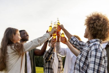 Partide bira şişelerini tokuşturan bir grup çok ırklı arkadaş, ırklar arası kadınlar ve erkekler parkta alkolle el kaldırıyor, insanlar kadeh kaldırıyor.