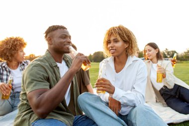 Afro-Amerikan çifti ellerinde bira şişesiyle parkta konuşuyor, erkek ve kadın alkol içiyor ve arkadaşlarıyla piknikte gülümsüyor, bir grup insan rahatlıyor ve kutluyor.