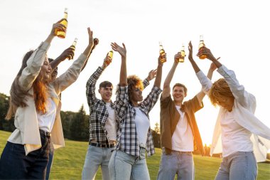 Partide bira şişeleriyle dans eden, dışarıda eğlenen, şarkı söyleyen ve parka taşınan bir grup insan alkol alan ve dinlenen öğrenciler.