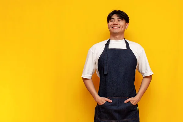 young asian guy waiter in apron stands on yellow isolated background and looks at copy space, korean male barista in uniform looking away