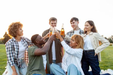 Bir grup ırklar arası insan parkta rahatlıyor ve tost kutluyor ve dışarıda bira şişelerini tokuşturuyor, bir grup çok ırklı arkadaş alkol içiyor ve eğleniyor.