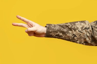 Kamuflaj piksel üniformalı Ukraynalı askerin eli barışı ve sarı izole arka planda iki numaralı hareketi gösteriyor. Askerin eli iki parmak ve zafer işareti gösteriyor.