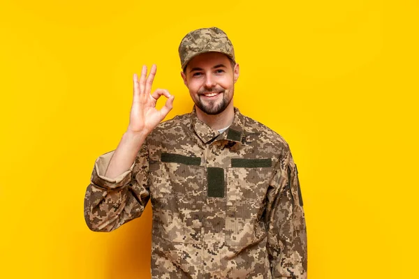 Ukrainian army soldier in camouflage uniform pixel shows ok and approves on a yellow isolated background, Ukrainian military cadet recommends