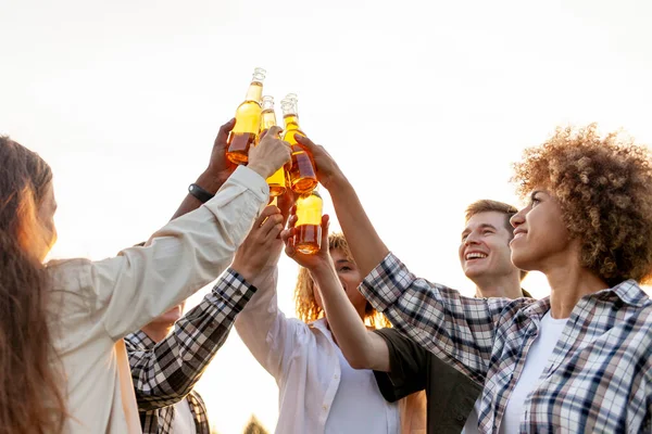 Partide bira şişelerini tokuşturan bir grup çok ırklı arkadaş, ırklar arası kadınlar ve erkekler parkta alkolle el kaldırıyor, insanlar kadeh kaldırıyor.