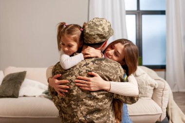 military man of the Ukrainian army in camouflage uniform returned home and hugs his family, soldier goes to war and says goodbye to his daughter and wife, the concept of mobilization in Ukraine clipart