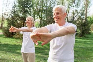 Yaşlı bir çift yaşlı erkek ve kadın parkta egzersiz yapıyor ve antrenman yapıyor, kır saçlı büyükanne ve büyükbaba spor yapıyor ve doğada aktif bir yaşam sürüyor.