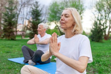 Yaşlı çift yoga yapıyor ve açık alanda meditasyon yapıyor, kır saçlı büyükanne ve büyükbaba spor yapıyor ve doğada aktif bir yaşam sürüyor.
