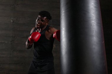 Yüzünde öfkeli bir ifadeyle Afrika kökenli Amerikalı bir boksör karanlık bir spor salonundaki kum torbasına güçlü bir yumruk indiriyor. Rakibini ringde yenmek için gücünü ve kararlılığını gösteriyor..