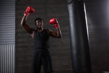 Kırmızı eldivenli güçlü bir Afrikalı Amerikalı boksör kollarını kaldırarak karanlık bir spor salonunda zor bir antrenmanın ardından kazandığını ve çığlık attığını söylüyor..