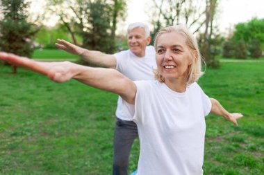Yaşlı çift yoga yapıyor ve açık alanda meditasyon yapıyor, kır saçlı büyükanne ve büyükbaba spor yapıyor ve doğada aktif bir yaşam sürüyor.