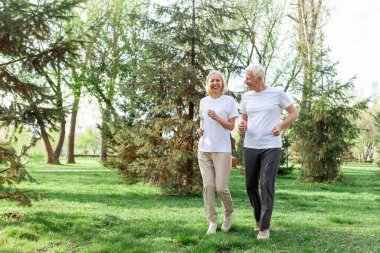 Yaşlı yaşlı çift parkta koşuyor ve egzersiz yapıyor, kır saçlı büyükanne ve büyükbaba spor yapıyor ve doğada aktif bir yaşam sürüyor.