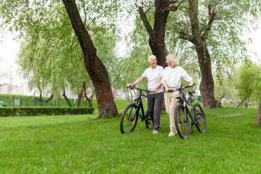 Yaşlı yaşlı çift yazın parkta bisiklete biniyor ve gülümsüyor, yaşlı beyaz saçlı adam ve kadın dışarıda dinleniyor, yaşlı insanlar ormanda bisiklet pratiği yapıyor.