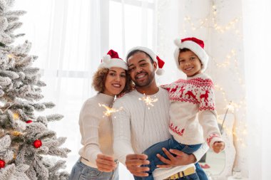 Noel Baba şapkalı Afro-Amerikan ailesi yılbaşını birlikte kutluyor ve Noel ağacının yanında evde maytap tutuyor, anne baba ve küçük oğlu Noel 'de eğleniyor.