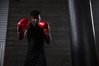 güçlü özgüvenli Afro-Amerikan boksör kırmızı eldivenli trenler siyah arka planda el sallıyor ve yumrukluyor, karanlık salondaki atlet kutuları